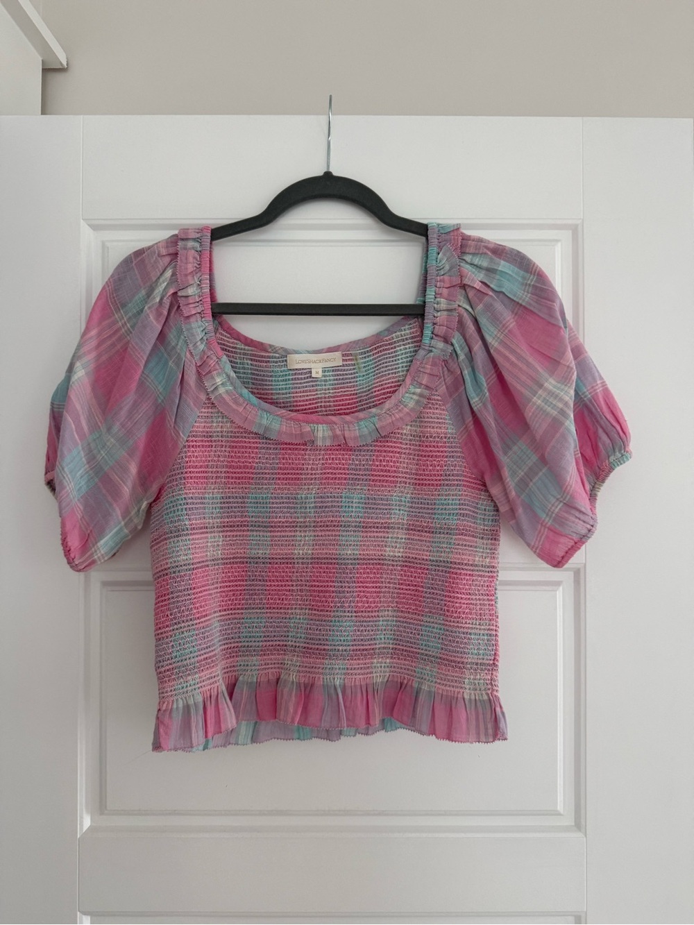 LoveShackFancy Pink and Mint Plaid Smocked Puff Sleeve Top